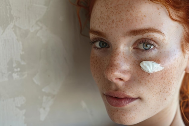 Photo redhead with freckles applying moisturizer