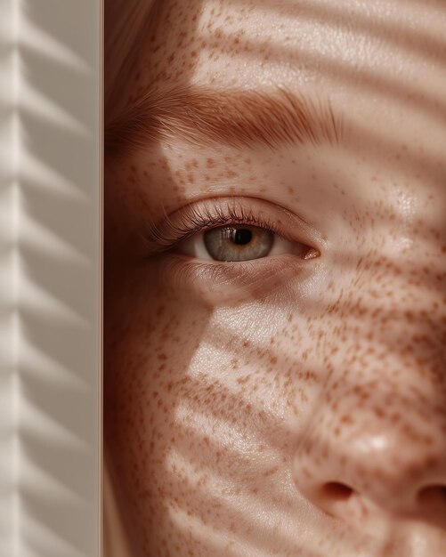 Photo redhead with freckles under sunlight through window blinds