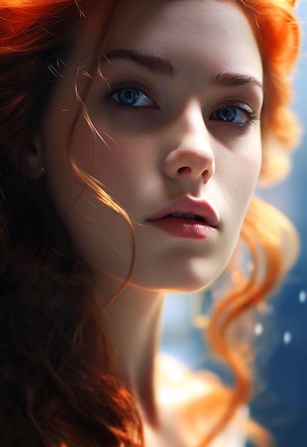 redhead woman blue eyes red hair looking professional young adult novel cover dreamy lighting pale