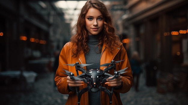 Redhead woman confidently holds drone in alleyway ai generated portrait image