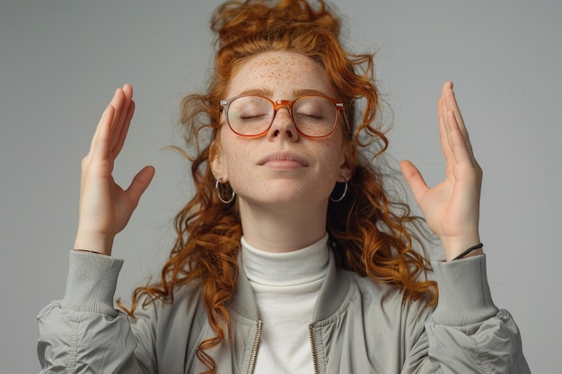 Redhead woman in glasses practices stress relief exercises feels calm