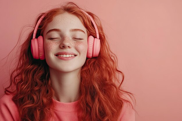 Photo redhead woman listening music in headphones smiling