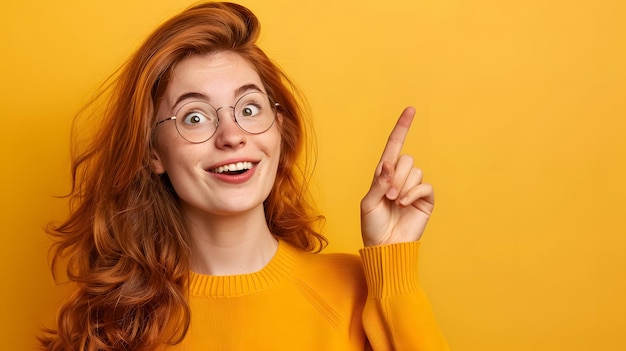 Redhead woman pointing to the side against a yellow background