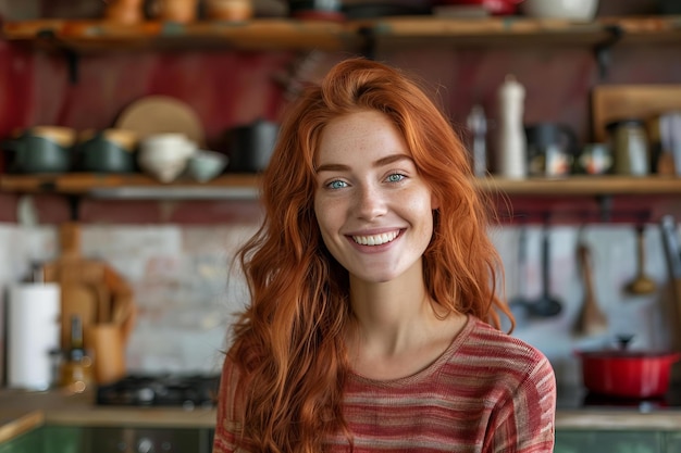 redhead woman smiling in modern kitchen premium royalty free