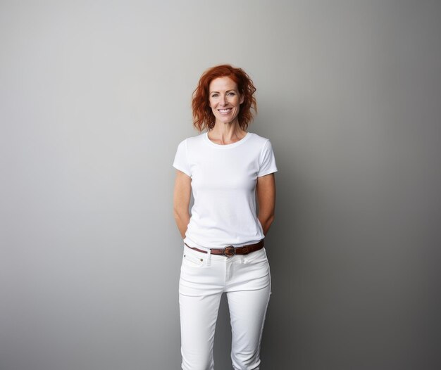 Photo redhead woman wearing white shirt mockup at grey background design tshirt template print present