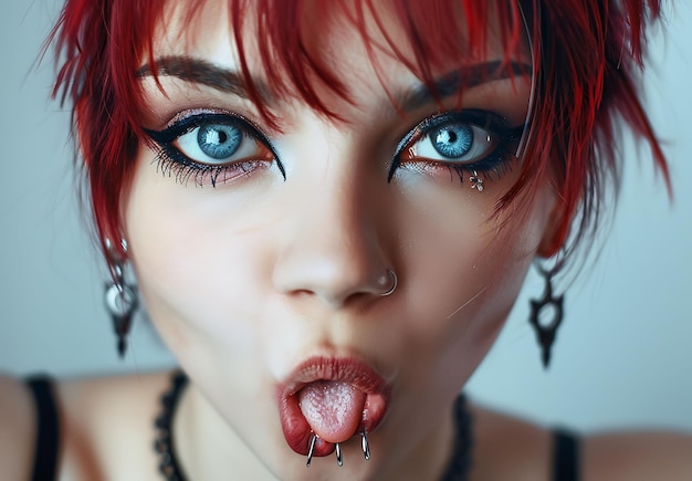 Photo redhead woman with piercings and blue eyes