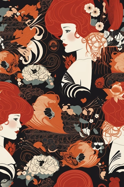 Redhead women Beautiful seamless pattern picture Generative AI