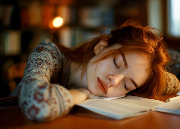 A redheaded girl bathed in warm light sleeps peacefully at her desk an open book cradled in her arms