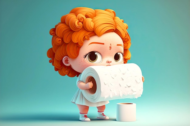 Redheaded girl holding rails of toilet paper cute cartoon character