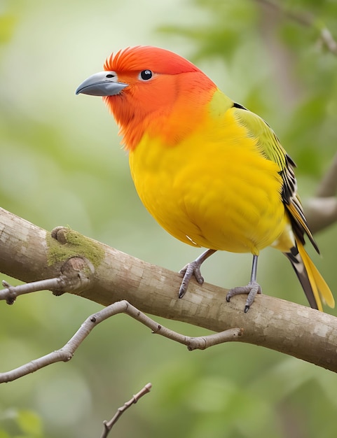 Redheaded Tanager on a Branch A bird with a red head and yellow feathers is sitting on a branch