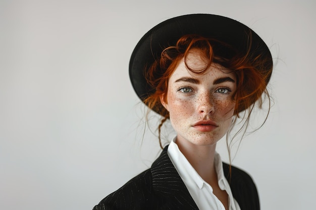 Photo redheaded woman with freckles in a black hat and blazer