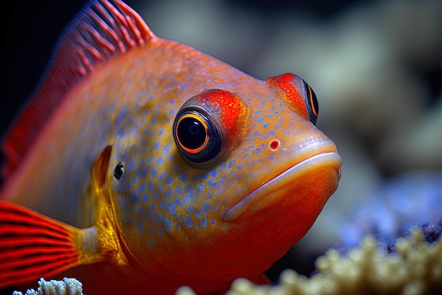 A redhump eartheater fish swimming in the water at close up