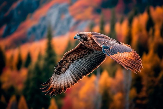 Redtailed hawk flying in the background of the forest Generative AI