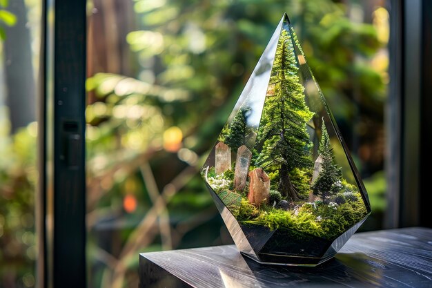 Photo a redwood forest large trees inside a crystal shaped terrarium sitting on a black wood shelf blurred