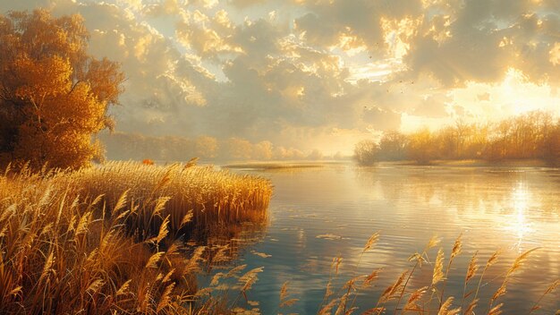 Reed along the shore of a lake at sunrise in autumn