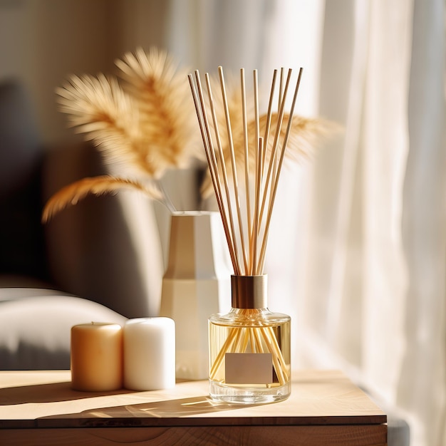 Reed diffuser bottle mockup aroma diffuser in luxurious beige and brown home interior decor front vi