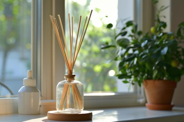 Photo reed diffuser bringing pleasant aroma into room by window on sunny day