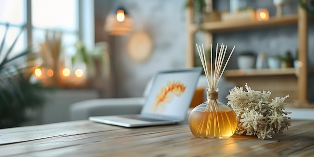 Reed diffuser on modern minimalist office table with copy space Sleek design aromatherapy