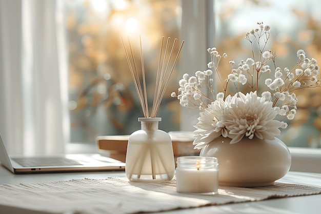 Reed diffuser on modern minimalist office table with copy space Sleek design aromatherapy