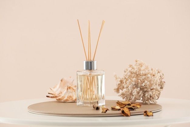 Reed diffuser and sea shells on table in room