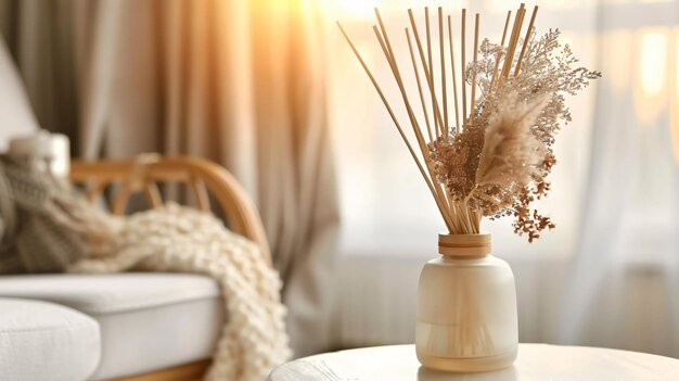 Photo reed diffuser on white table indoors cozy atmosphere