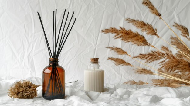 Photo a reed diffuser with white candle and eucalyptus on the table mockup with crumpled paper in background