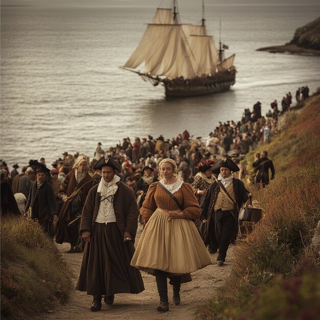 Photo a reenactment of the pilgrims landing at plymouth including detailed period costumes and early 17t