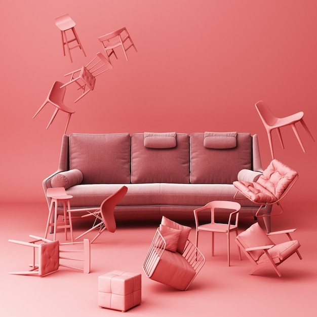 Photo ref sofa surrounding by a lot of red little chair 3d renderingartwork