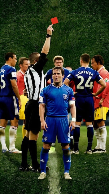 Referee showing a red card and gesturing to a football or soccer player