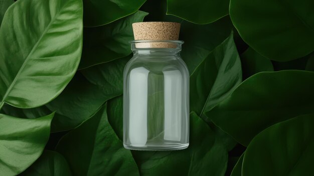 Photo refillable glass jar with cork lid placed amidst lush green foliage