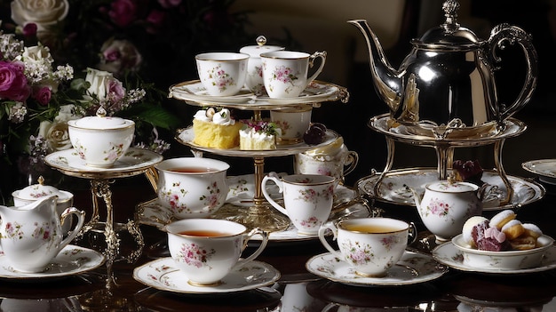 Photo refined afternoon tea sophisticated crockery including fine bone china teacup tiered serving tray