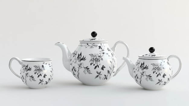 Photo a refined black and white tea set featuring intricate floral patterns including a teapot creamer and cup displayed on a minimal background