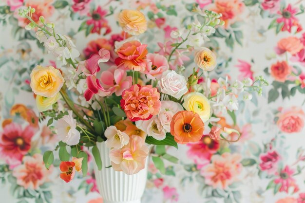 Refined Floral Display Colorful Bouquet in White Vase with Delicate Floral Backdrop