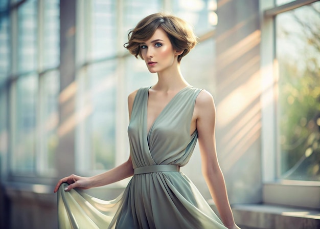 Photo refined lady in flowing dress with trendy short hairdo