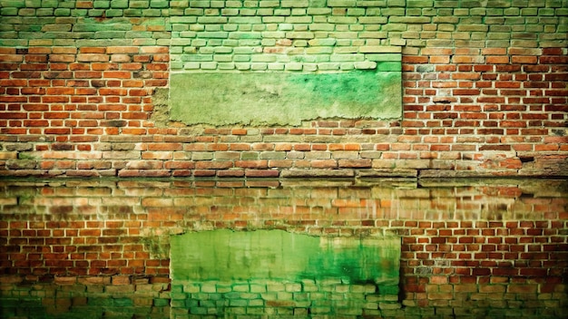 Photo reflected brick wall with green painted plaster