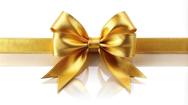 Reflected golden bow with long ribbon on white background