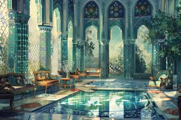 Reflected Grandeur Digital Painting of a Luxurious Ottoman Palace Room