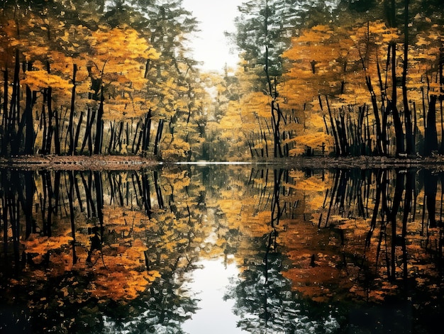 reflection of an autumn forest in the lake