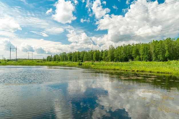 Reflection of the blue sky with clouds in the pond