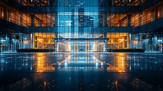 a reflection of a building in a puddle