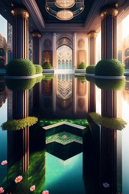 A reflection of a building in the water