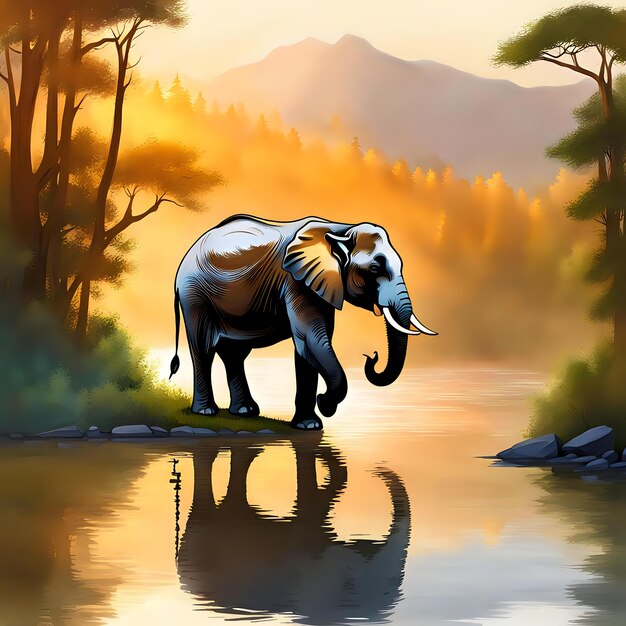 Photo reflection of calm elephant by serene mountains