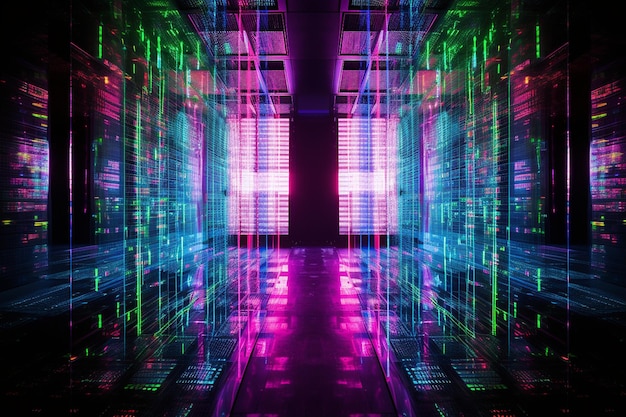 Reflection of code on a screen superimposed over server racks