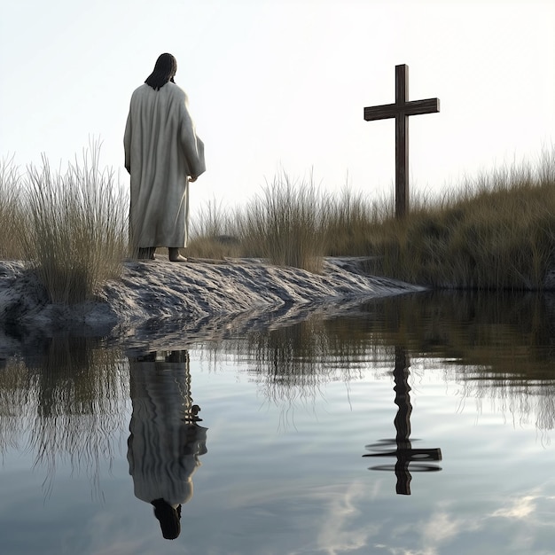 Photo reflection of faith jesus 3d character