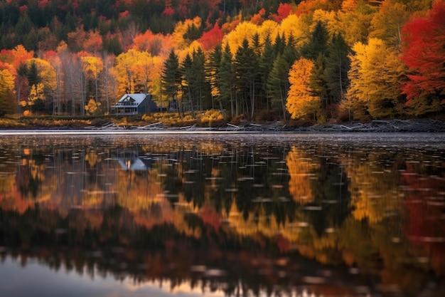 Reflection of fall colors in a calm lake created with generative ai