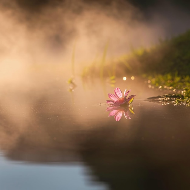 a reflection of flowers in the water with the sun shining on the water