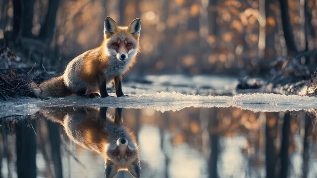 Reflection of the fox visible on the still surface of a forest ice patch