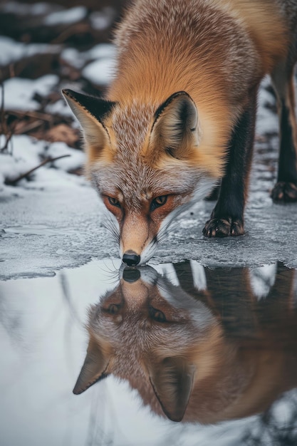 Photo reflection of the fox visible on the still surface of a forest ice patch