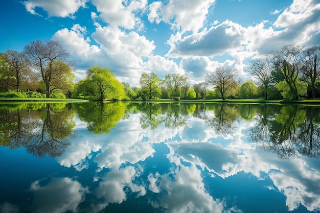 Reflection garden landscape lawn abstract background blue sky and white clouds