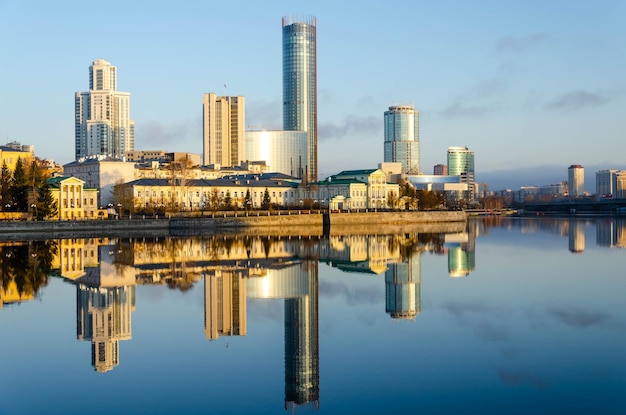 Reflection of highrise buildings in the lake water